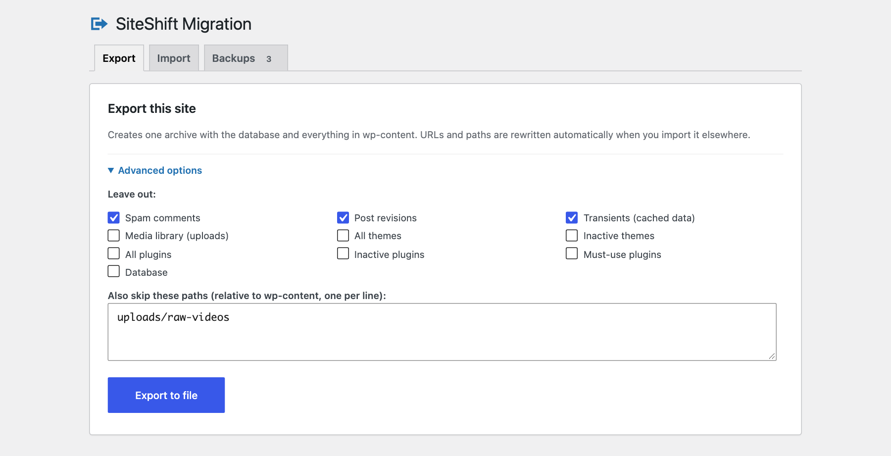 SiteShift Migration export screen in the WordPress dashboard with options to leave out media, plugins or themes