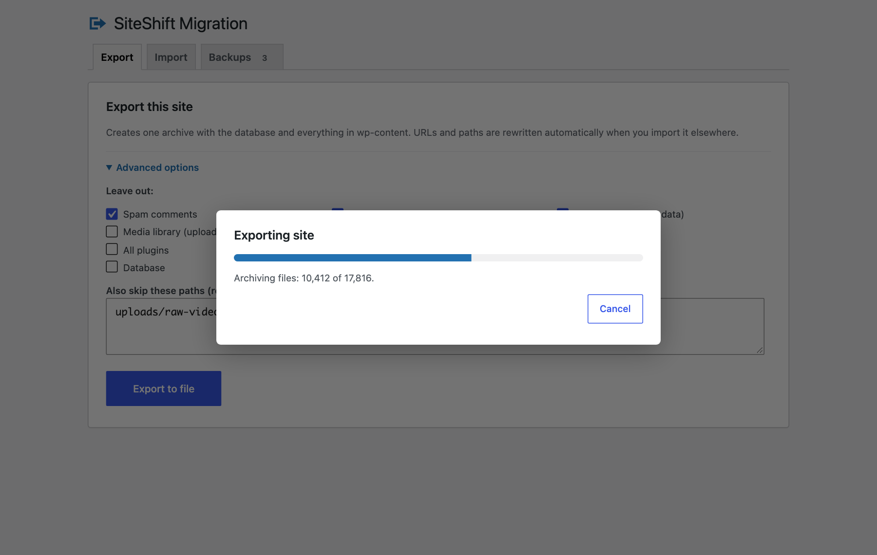 Progress bar while SiteShift Migration exports a WordPress site