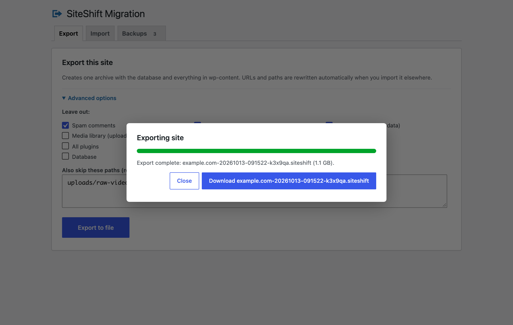 Finished WordPress export with a button to download the backup file