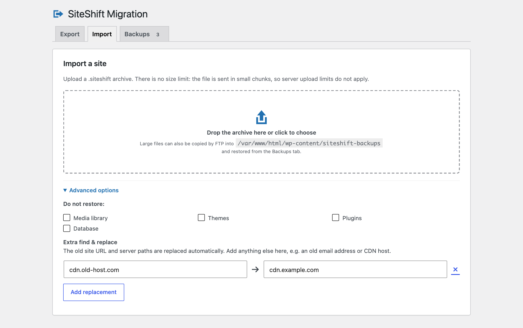 SiteShift Migration import screen for uploading a WordPress site backup