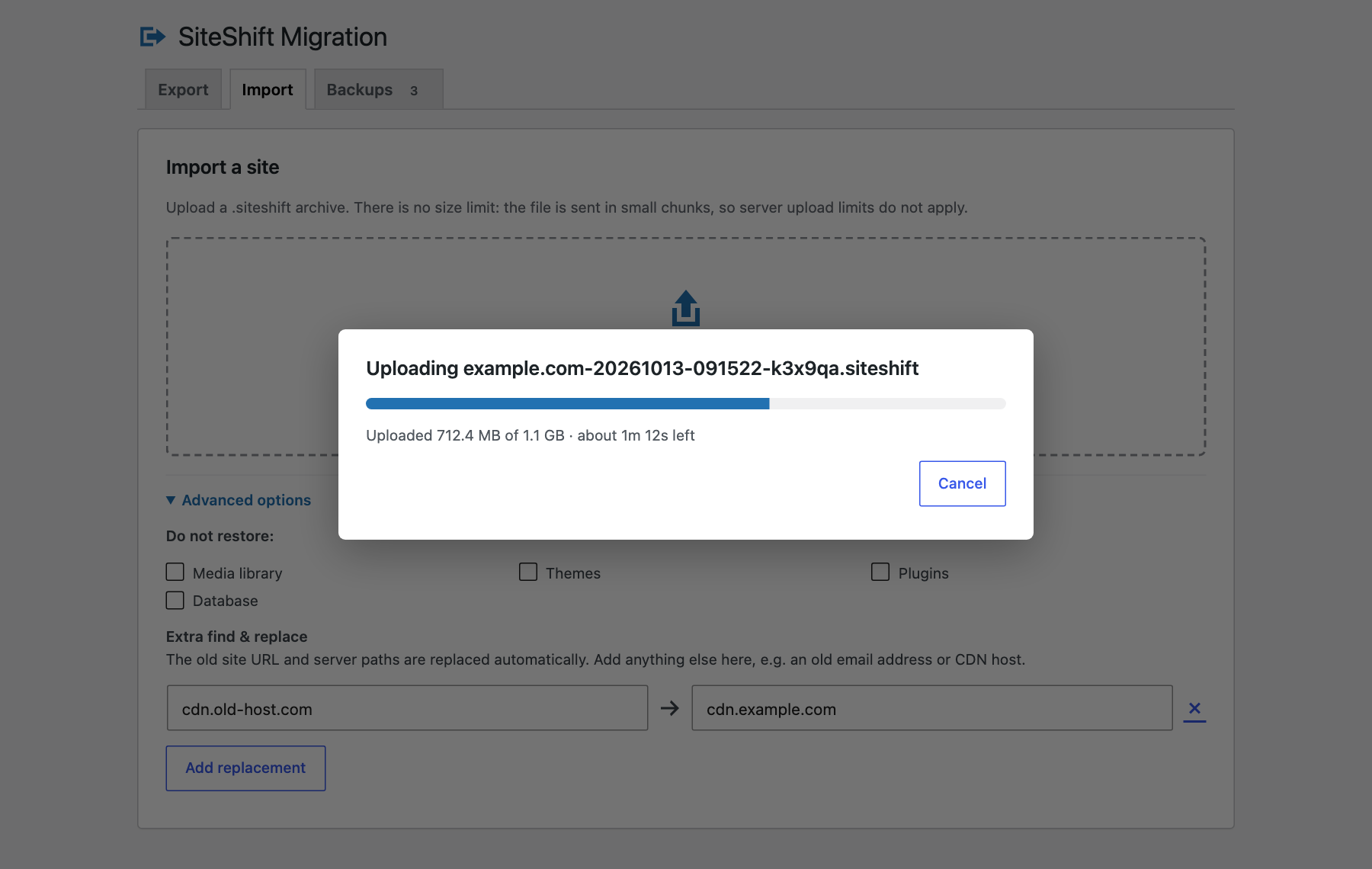 Uploading a large WordPress backup with no file size limit