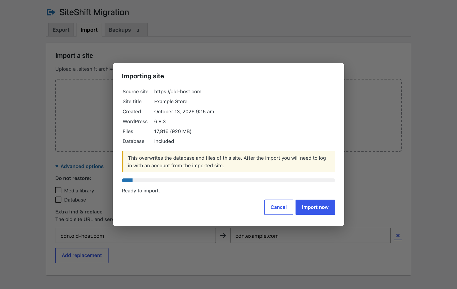 Summary of the source site shown before a WordPress import starts
