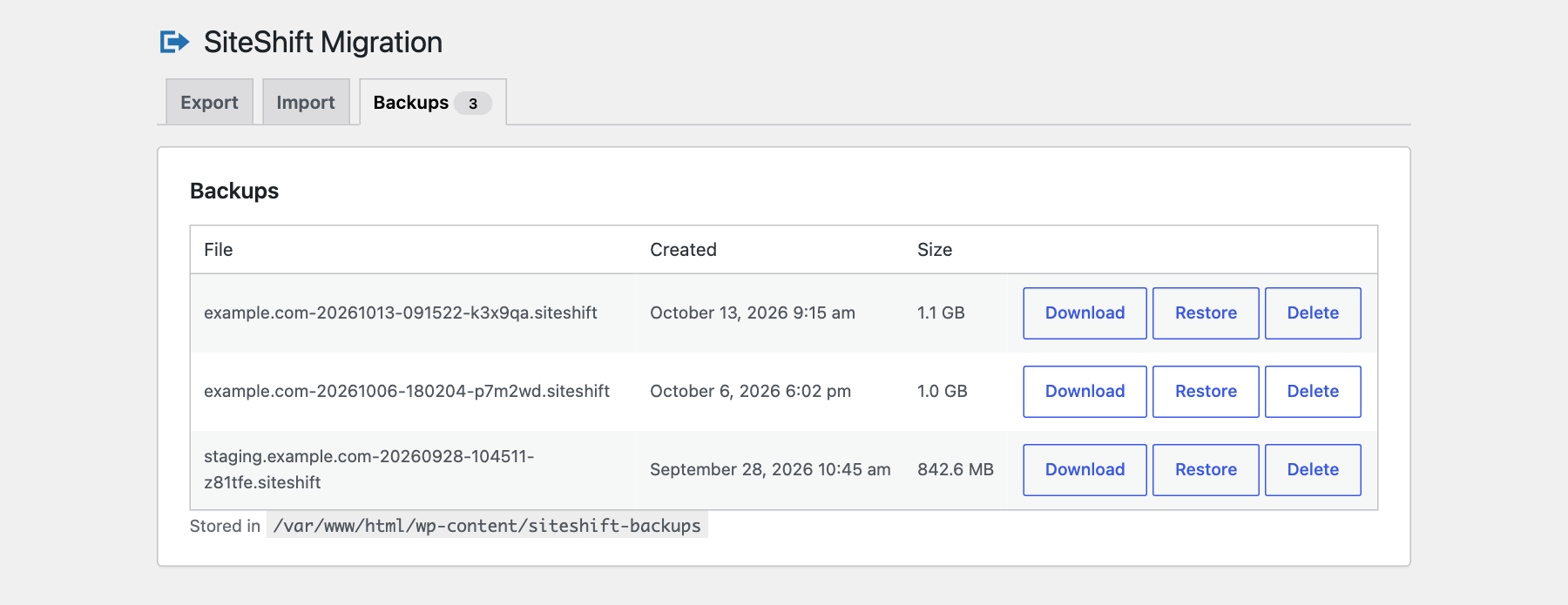 List of saved WordPress site backups with download, restore and delete buttons